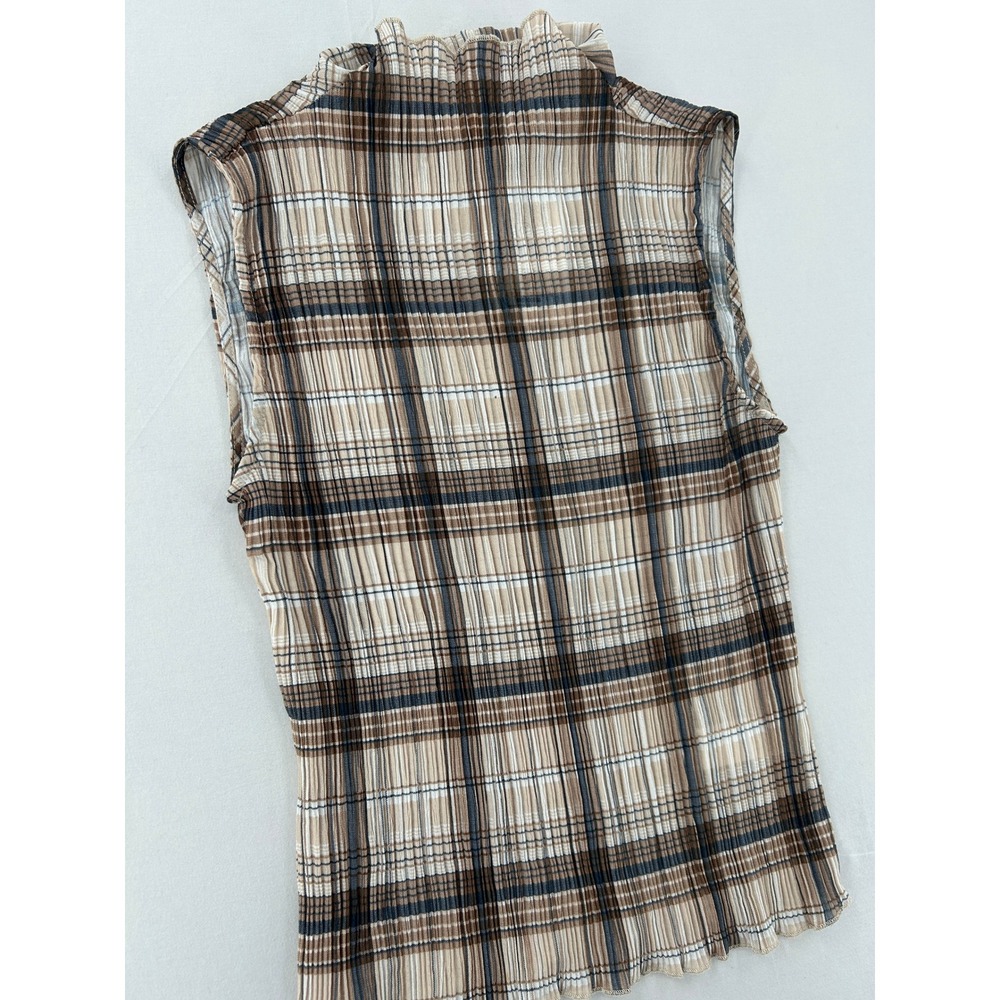 Lioness Plaid Plisse Mock Neck Sleeveless Top Brown Tan Plaid Size S